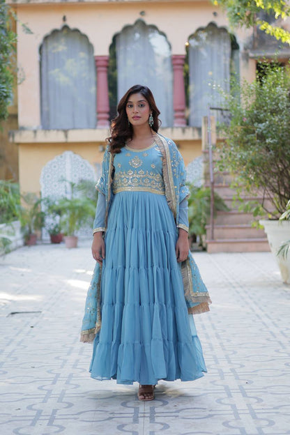 Party Wear Sky Color Star Georgette Fabrics Designer Gown With Embroidered Dupatta