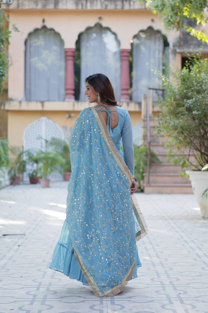 Party Wear Sky Color Star Georgette Fabrics Designer Gown With Embroidered Dupatta