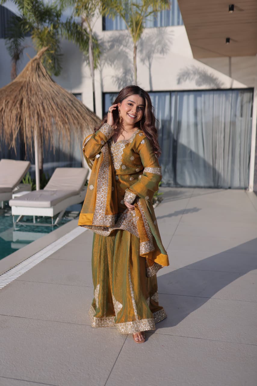 Glorious Mustard Color Sequence Embridered Sharara Suit