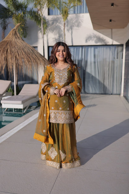 Glorious Mustard Color Sequence Embridered Sharara Suit