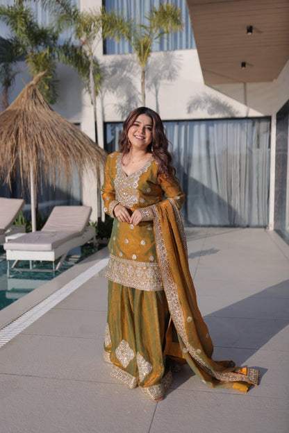 Glorious Mustard Color Sequence Embridered Sharara Suit