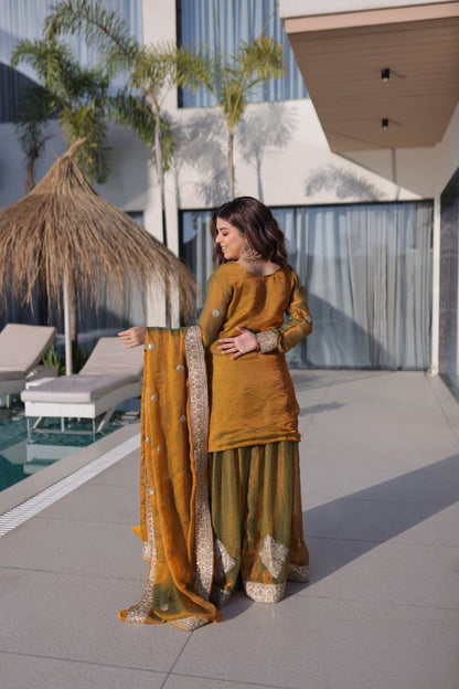 Glorious Mustard Color Sequence Embridered Sharara Suit
