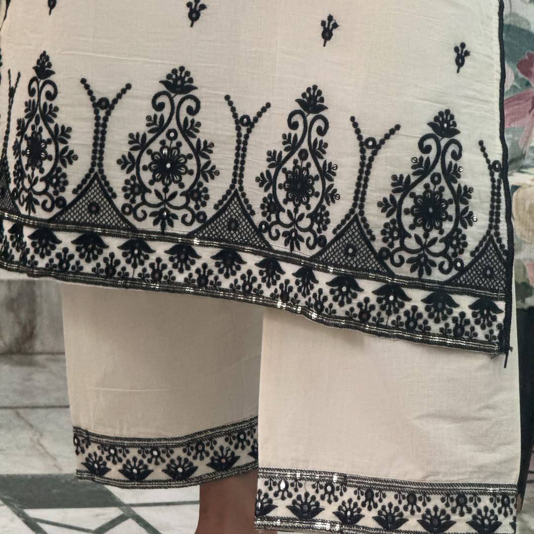 Alluring White Color Cotton Silk Embroidered Designer Palazzo Suit