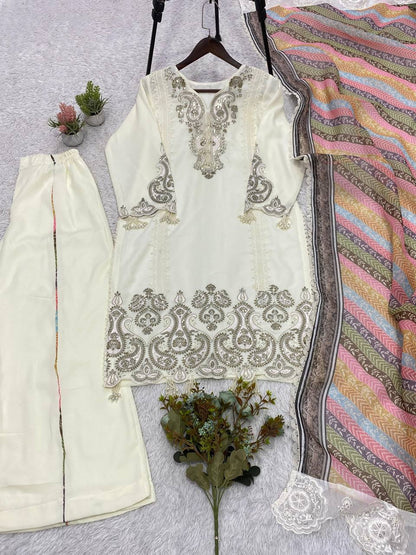 Wedding Wear Off White Color Designer Star Georgette Plazzo Suit