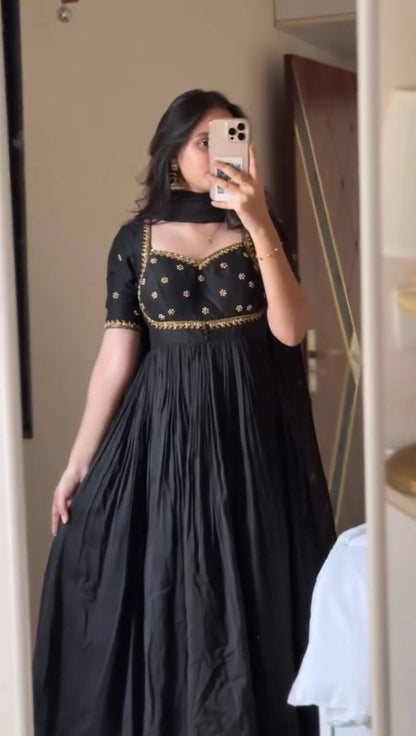 Festive Wear Black Color Vichitra Silk Anarkali Gown Set