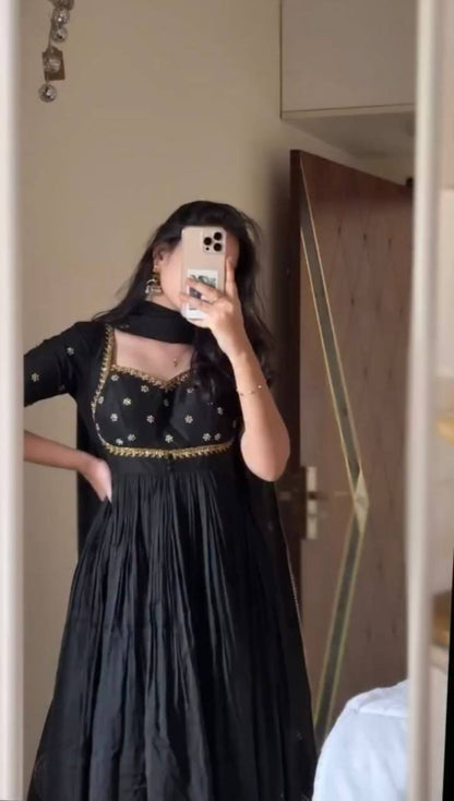 Festive Wear Black Color Vichitra Silk Anarkali Gown Set
