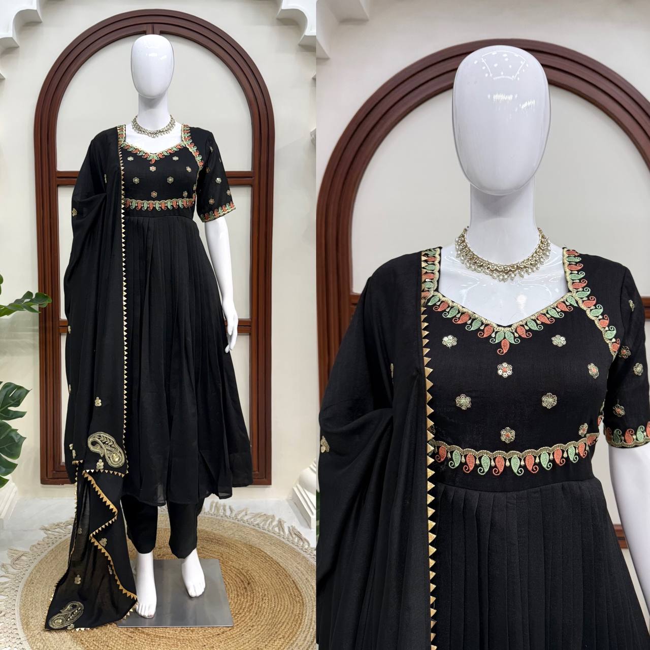 Festive Wear Black Color Vichitra Silk Anarkali Gown Set