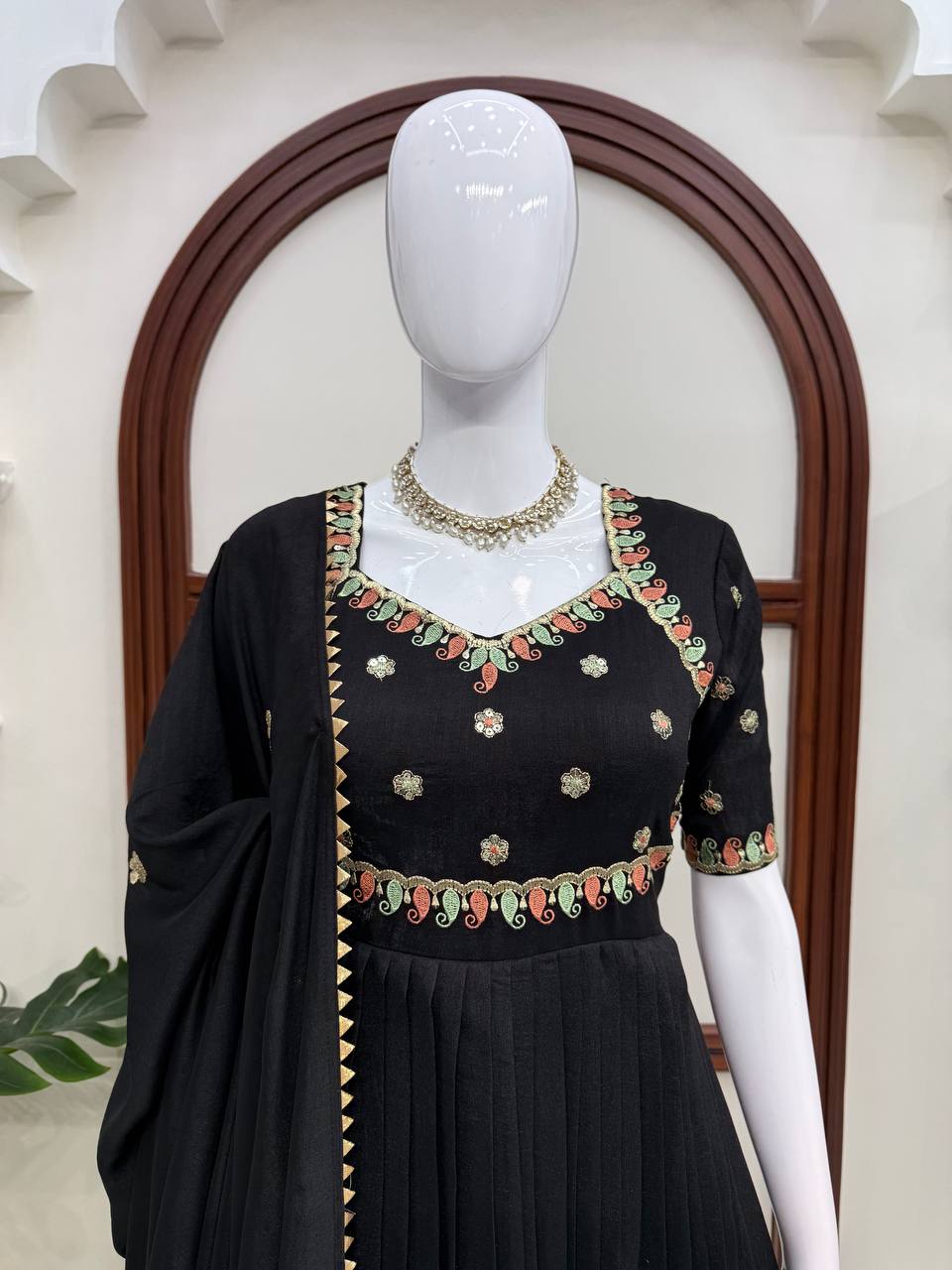 Festive Wear Black Color Vichitra Silk Anarkali Gown Set