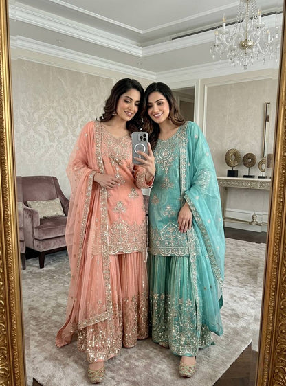 Luxury Pure Organza Twine Net Wedding Wear Sharara Suit