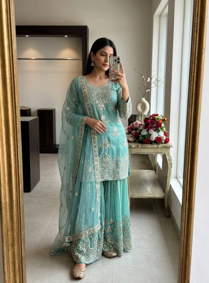 Luxury Pure Organza Twine Net Wedding Wear Sharara Suit