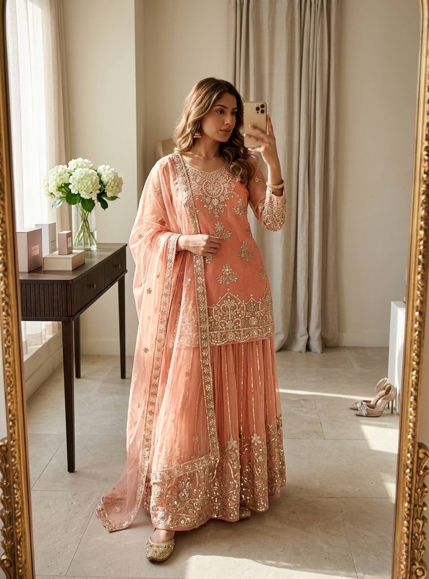 Luxury Pure Organza Twine Net Wedding Wear Sharara Suit