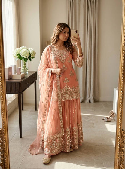 Luxury Pure Organza Twine Net Wedding Wear Sharara Suit