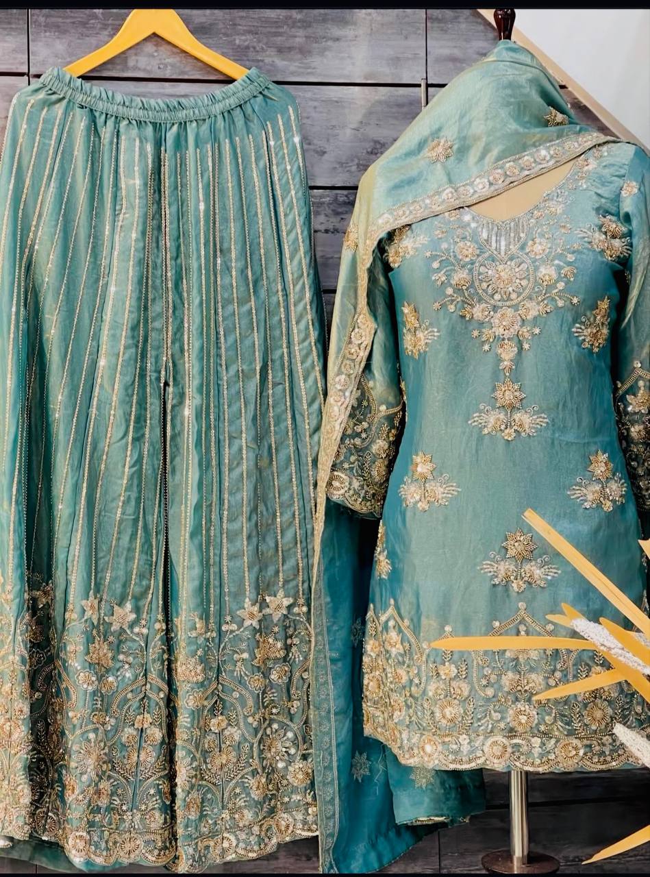 Luxury Pure Organza Twine Net Wedding Wear Sharara Suit