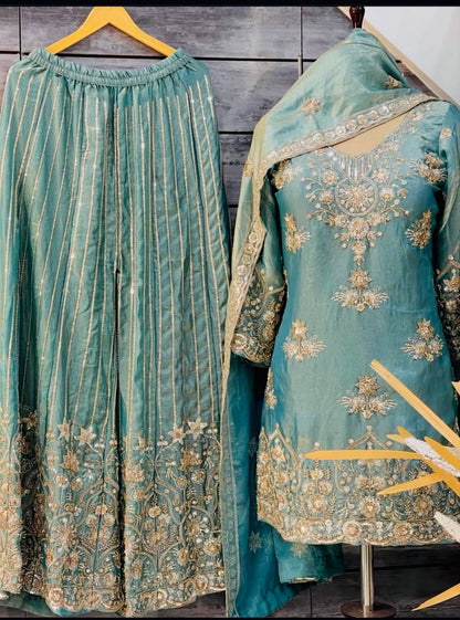 Luxury Pure Organza Twine Net Wedding Wear Sharara Suit