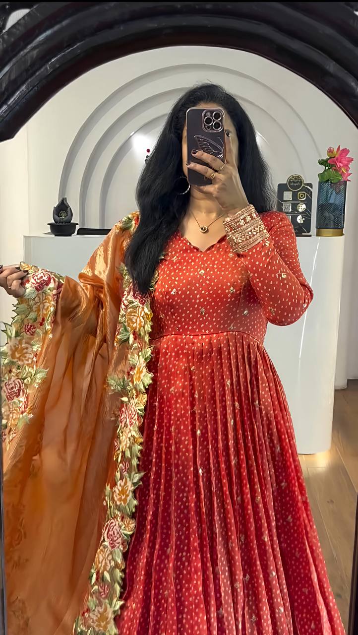 Wedding Wear Orange Color Chinon Silk With Embroidery Sequence Work Gown