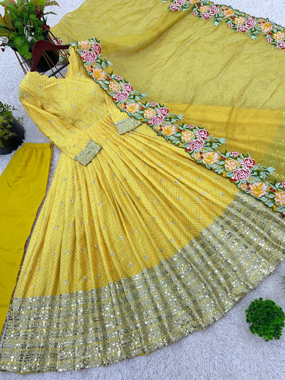 Wedding Wear Yellow Color Chinon Silk With Embroidery Sequence Work Gown