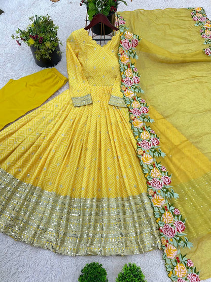 Wedding Wear Yellow Color Chinon Silk With Embroidery Sequence Work Gown