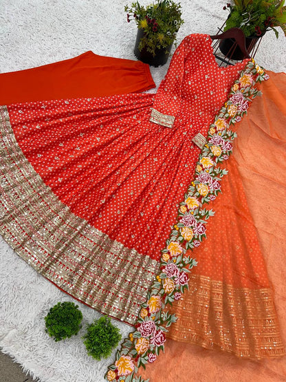 Wedding Wear Orange Color Chinon Silk With Embroidery Sequence Work Gown