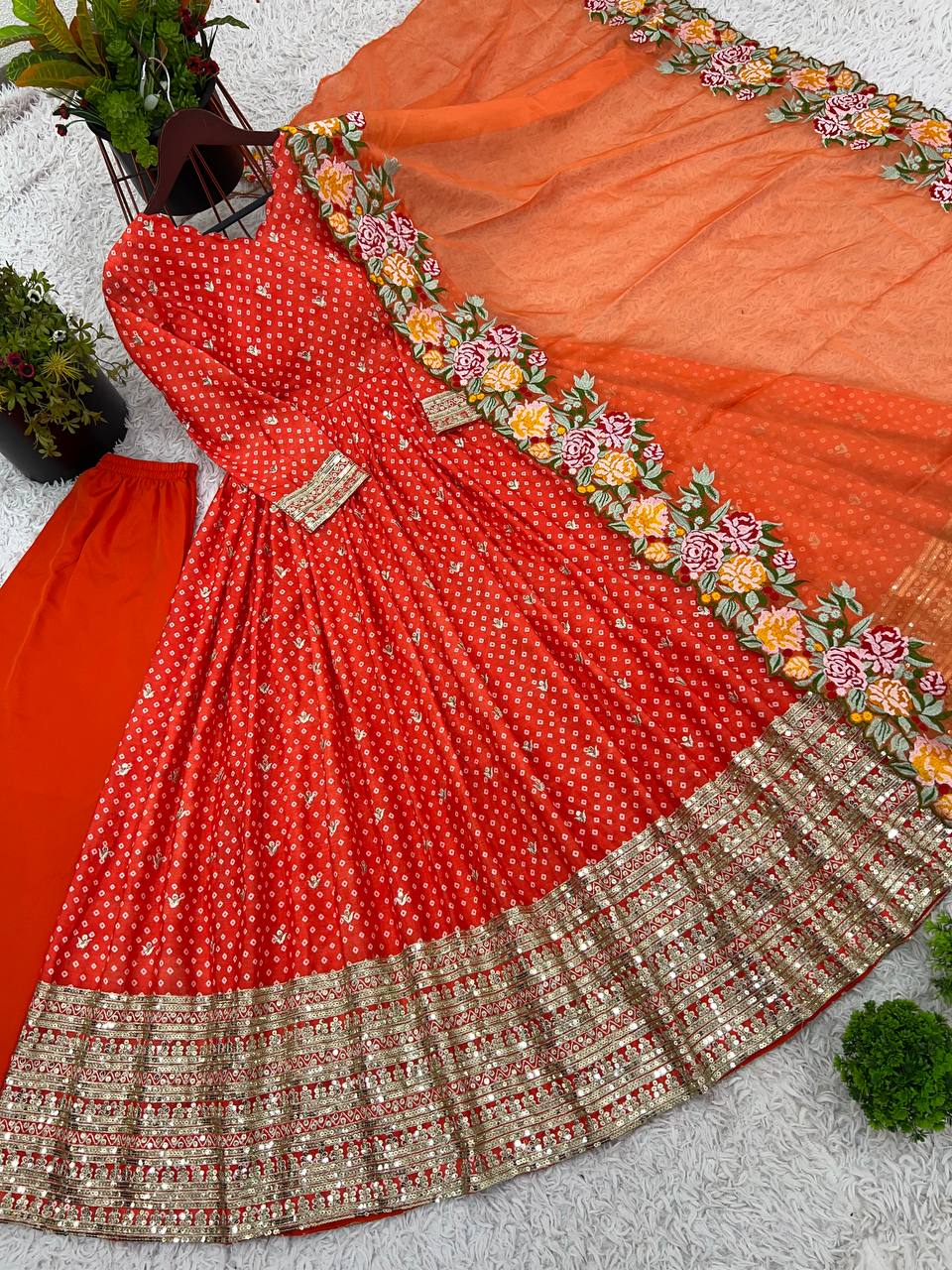 Wedding Wear Orange Color Chinon Silk With Embroidery Sequence Work Gown