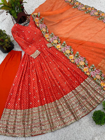 Wedding Wear Orange Color Chinon Silk With Embroidery Sequence Work Gown