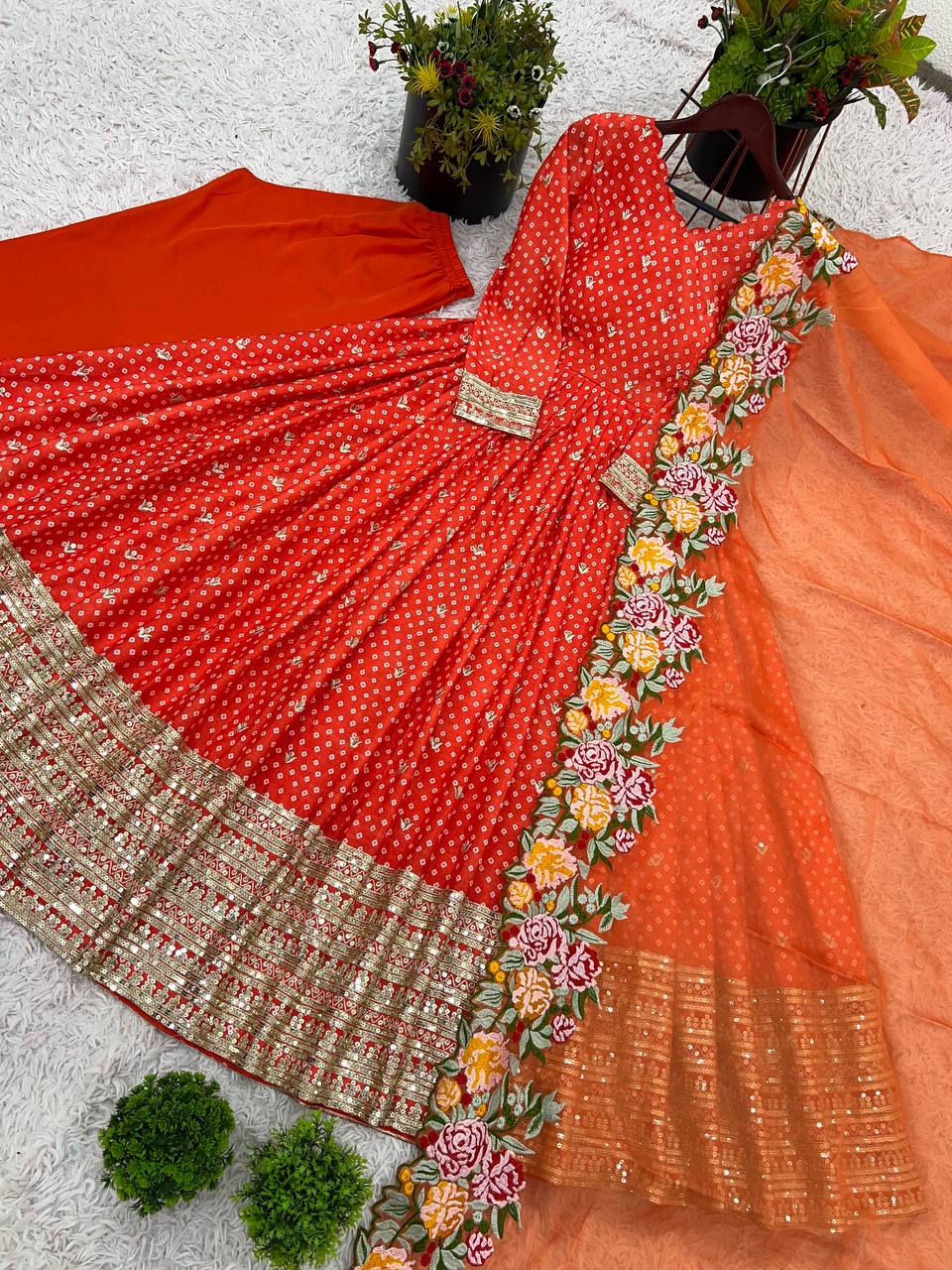 Wedding Wear Orange Color Chinon Silk With Embroidery Sequence Work Gown