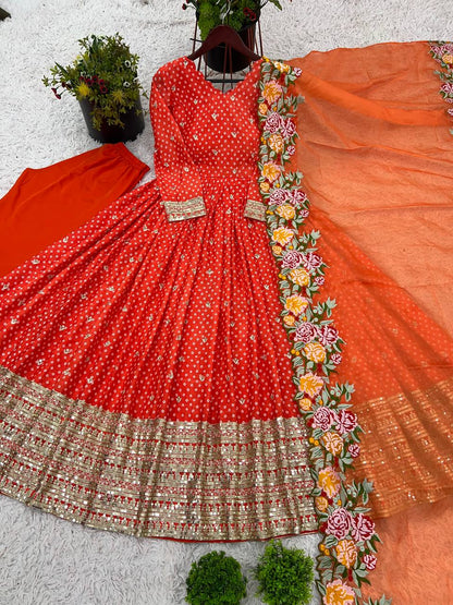 Wedding Wear Orange Color Chinon Silk With Embroidery Sequence Work Gown