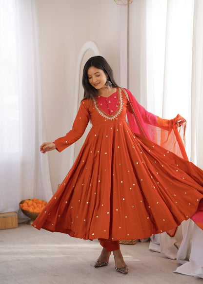 Party Wear Orange Color Embroidery With Real Mirror Work Anarkali Suit