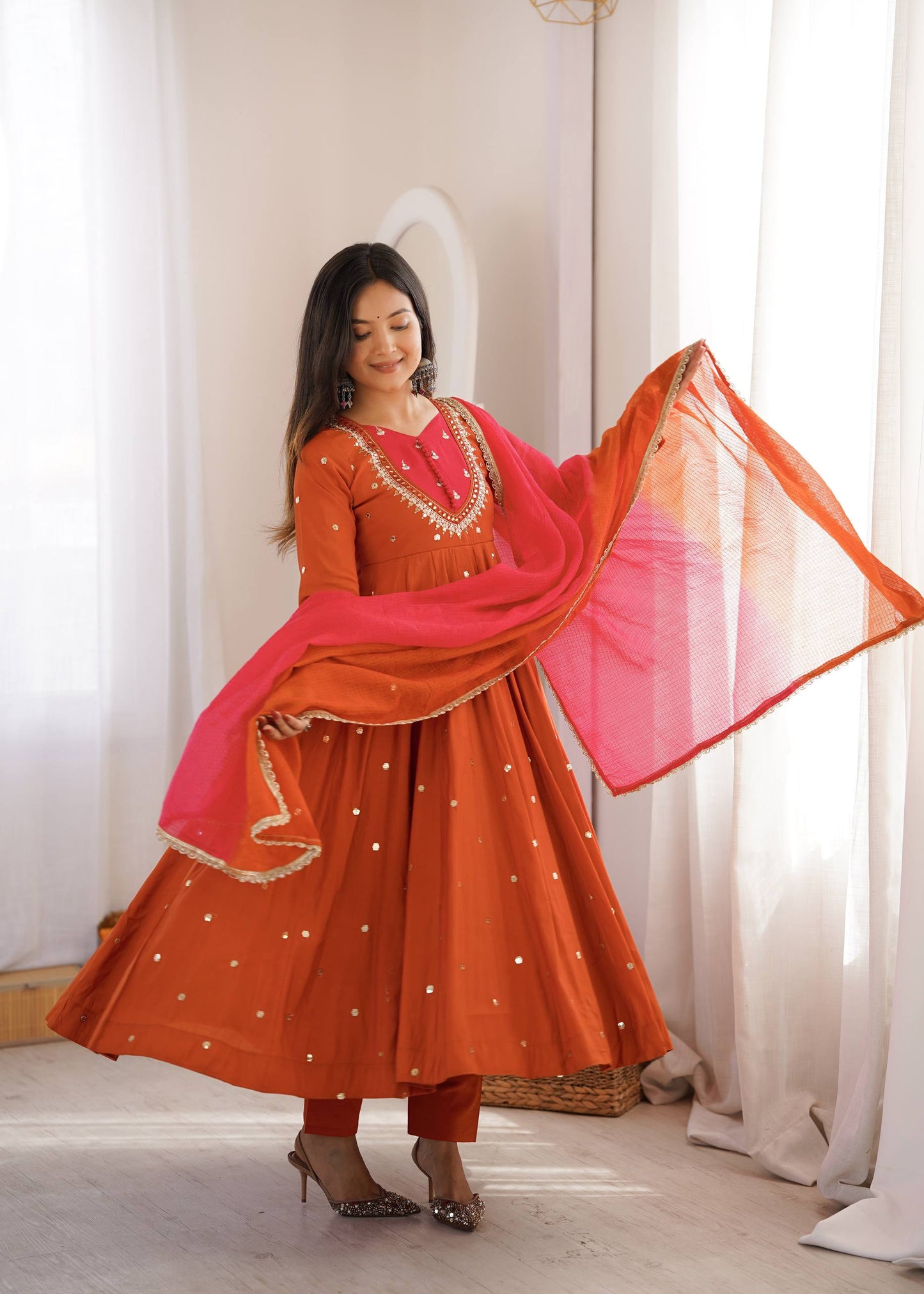 Party Wear Orange Color Embroidery With Real Mirror Work Anarkali Suit
