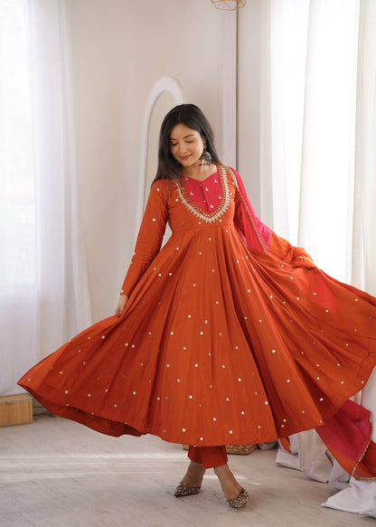 Party Wear Orange Color Embroidery With Real Mirror Work Anarkali Suit