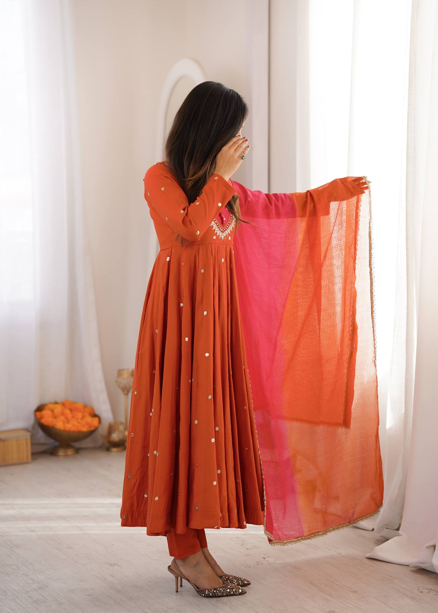 Party Wear Orange Color Embroidery With Real Mirror Work Anarkali Suit