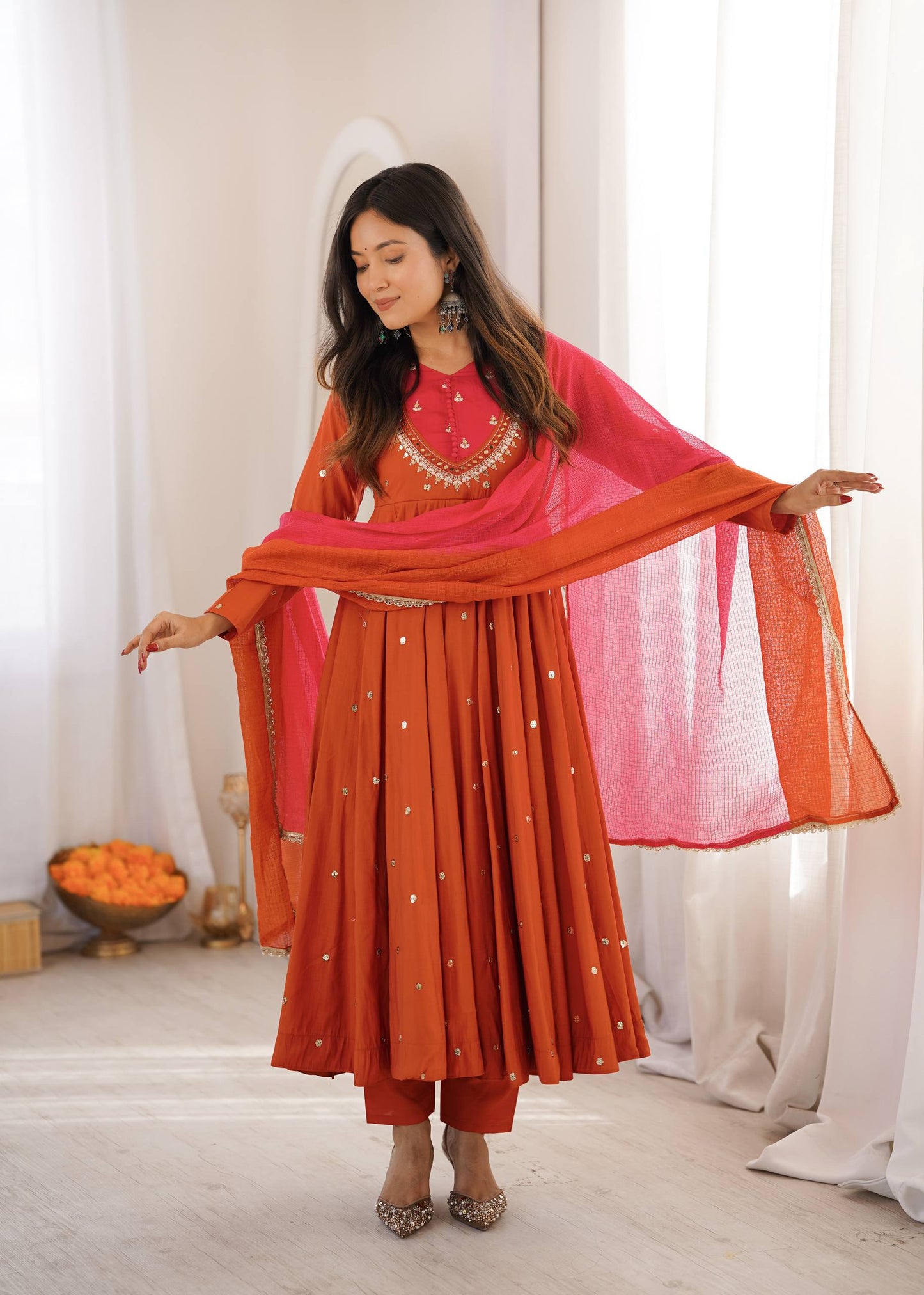 Party Wear Orange Color Embroidery With Real Mirror Work Anarkali Suit