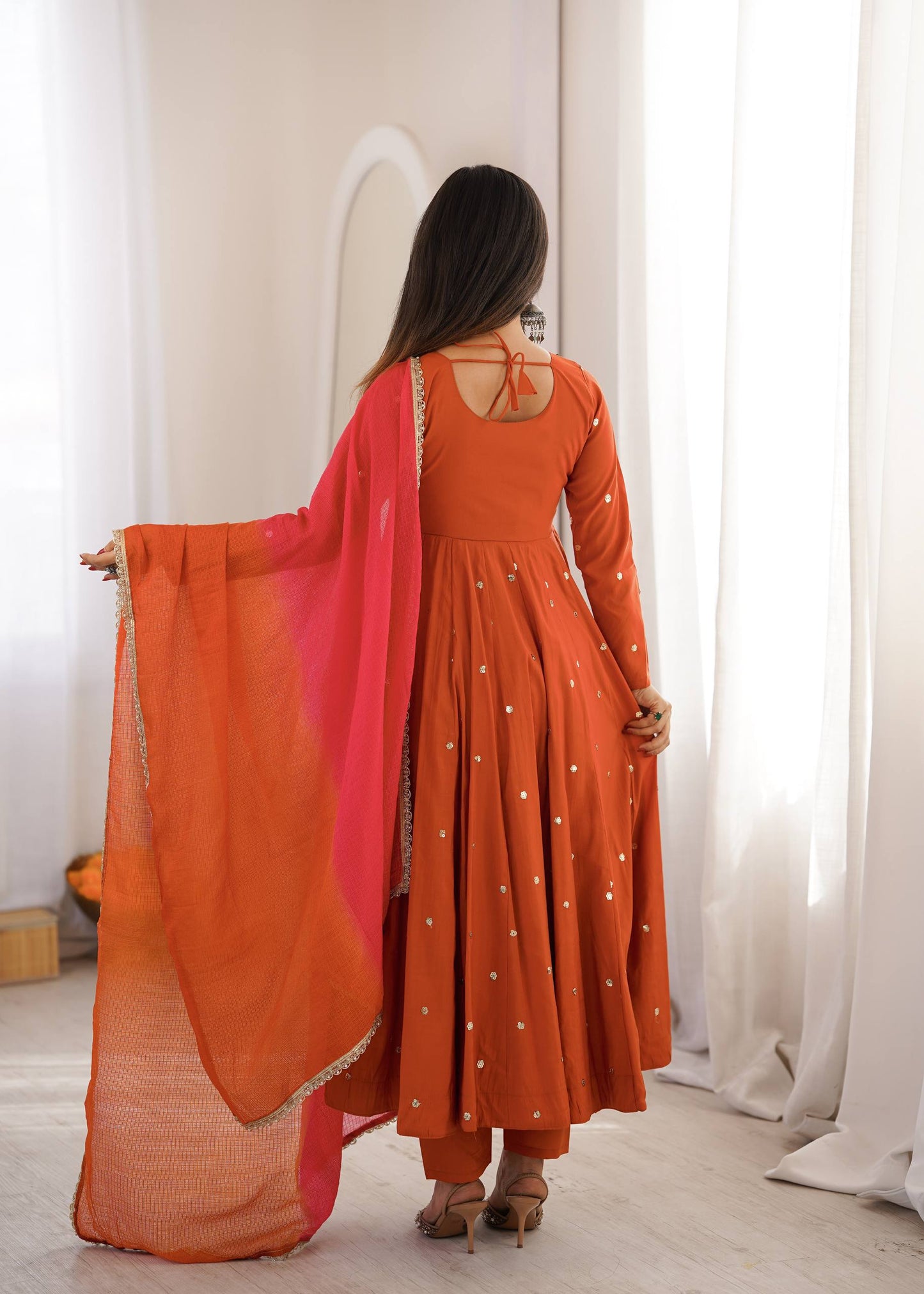 Party Wear Orange Color Embroidery With Real Mirror Work Anarkali Suit