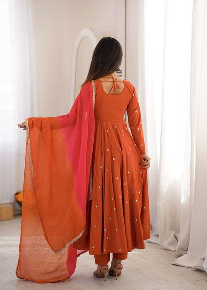 Party Wear Orange Color Embroidery With Real Mirror Work Anarkali Suit