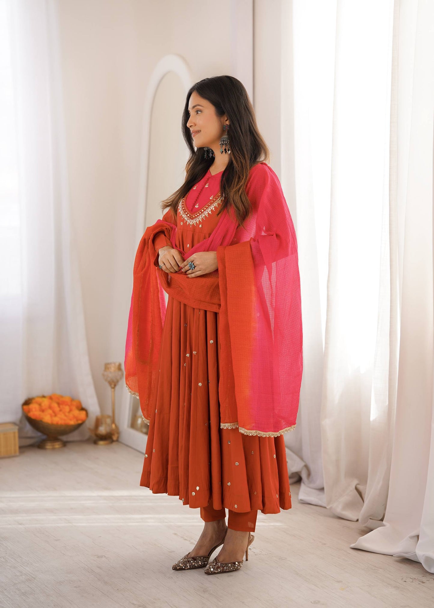 Party Wear Orange Color Embroidery With Real Mirror Work Anarkali Suit