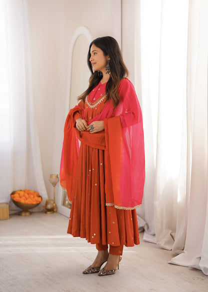 Party Wear Orange Color Embroidery With Real Mirror Work Anarkali Suit