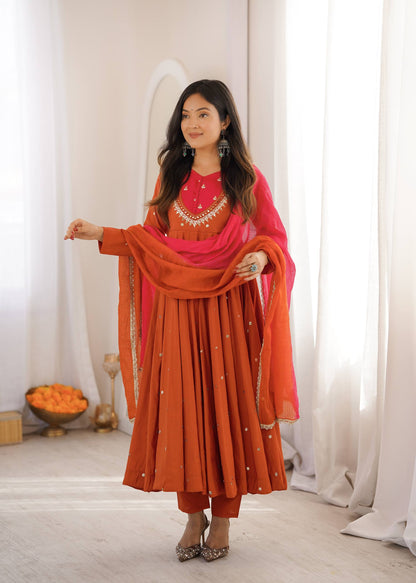 Party Wear Orange Color Embroidery With Real Mirror Work Anarkali Suit