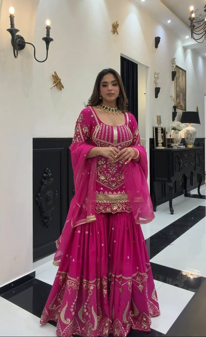 Wedding Wear Pink Color Embroidery Work Sharara Suit