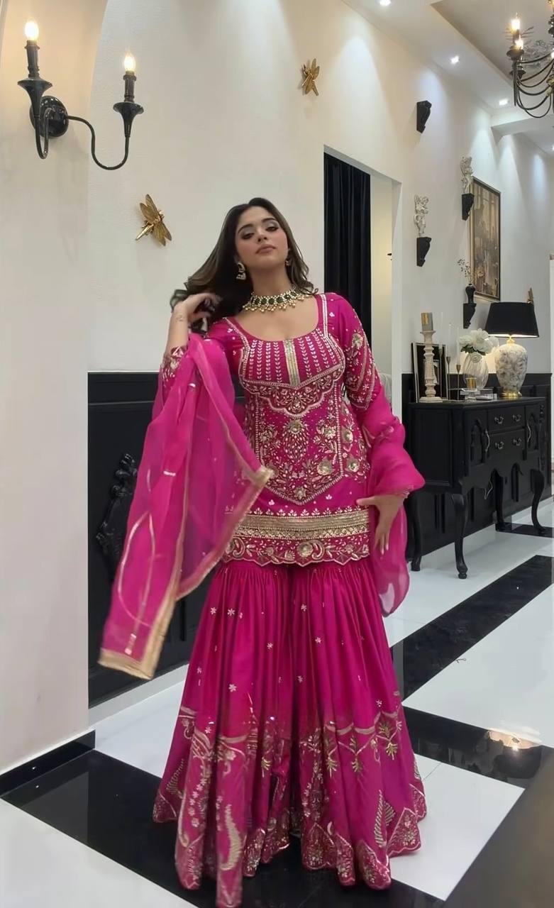 Wedding Wear Pink Color Embroidery Work Sharara Suit