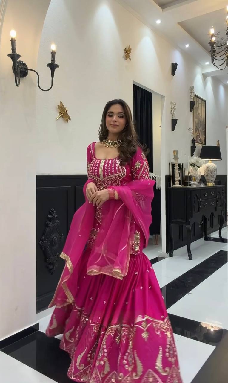 Wedding Wear Pink Color Embroidery Work Sharara Suit