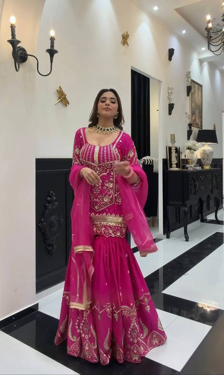 Wedding Wear Pink Color Embroidery Work Sharara Suit