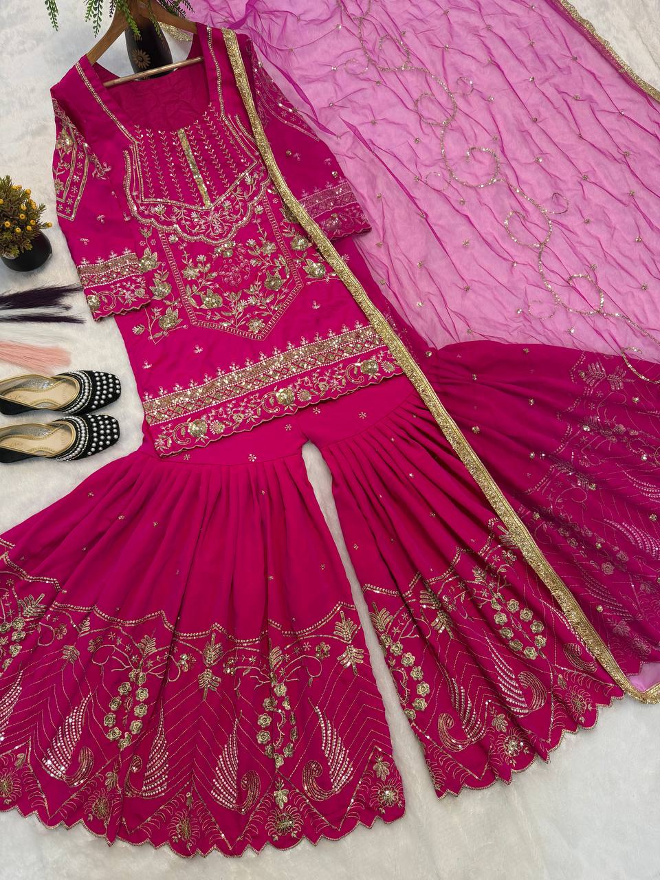 Wedding Wear Pink Color Embroidery Work Sharara Suit