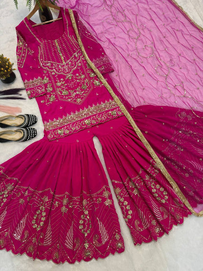 Wedding Wear Pink Color Embroidery Work Sharara Suit