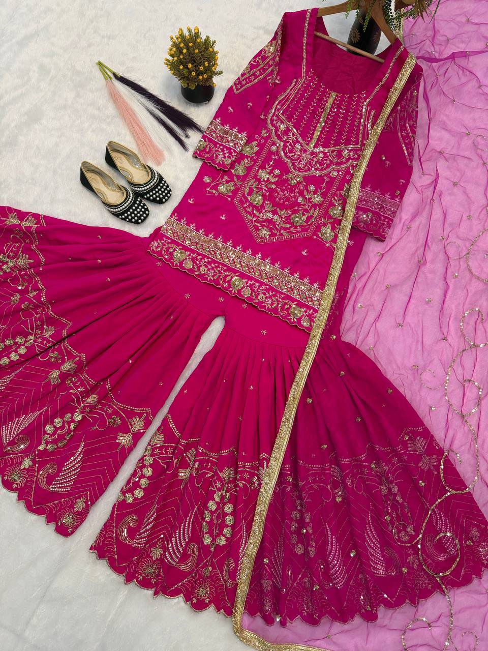 Wedding Wear Pink Color Embroidery Work Sharara Suit