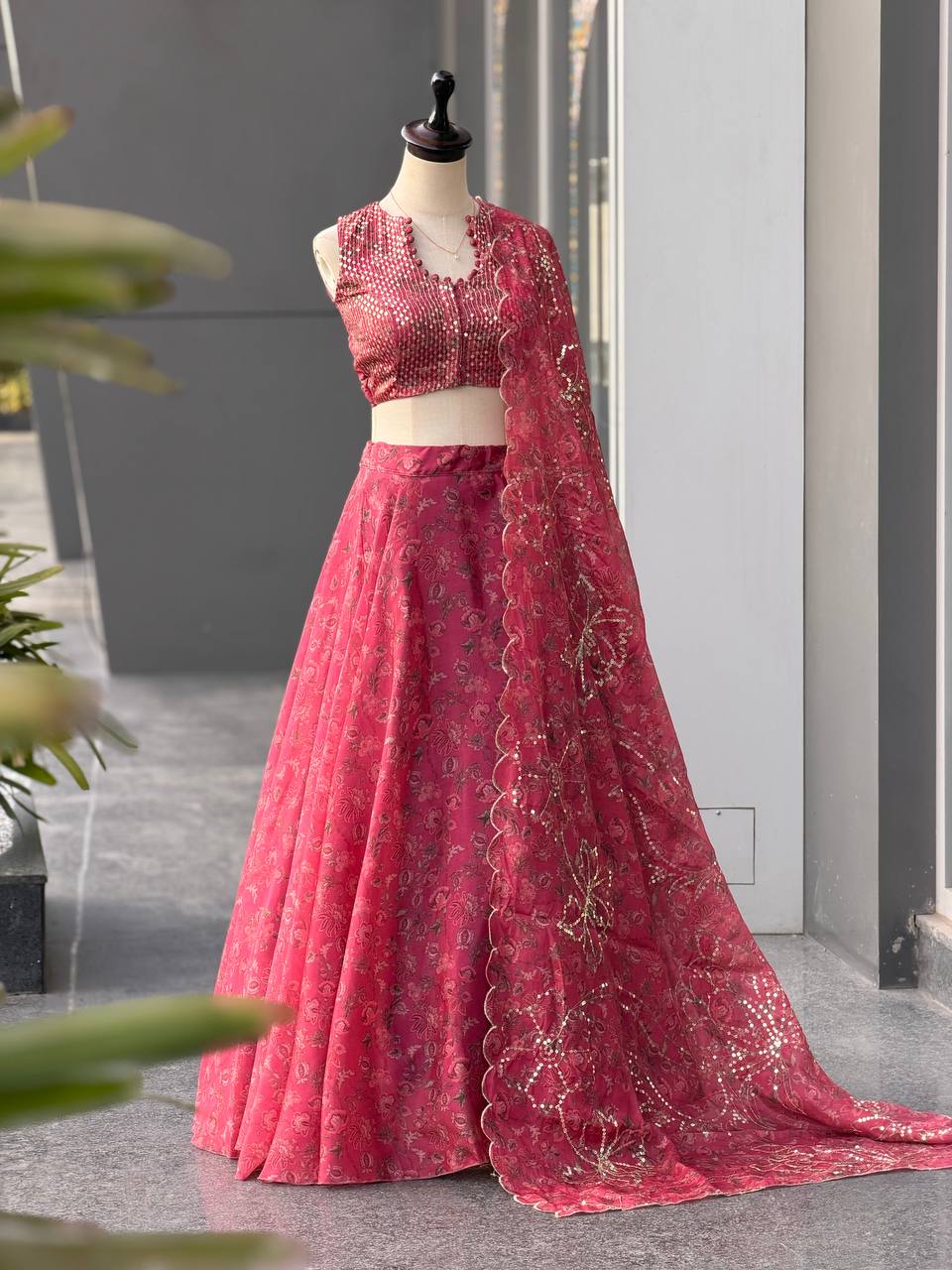 Designer Pink Color Organza Digital Print Lehenga Set With Batwa Bag
