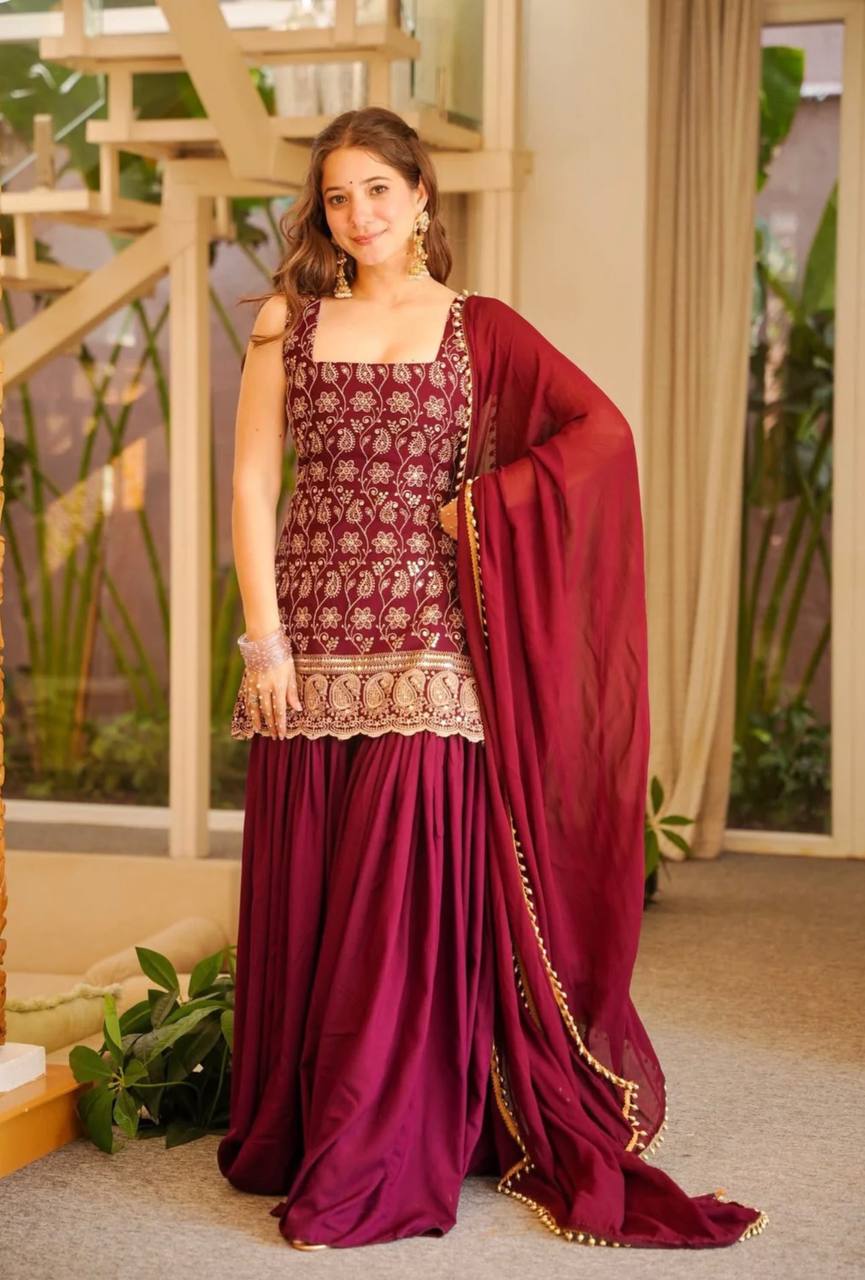 Pink Color Designer Blooming Faux Georgette Palazzo Sharara Suit