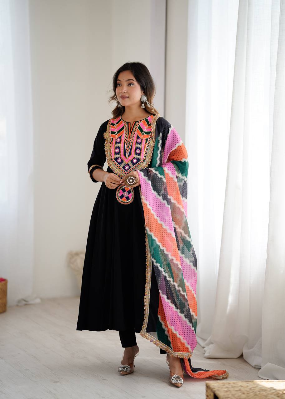 Designer Khadi Cotton Black Color Gown Set with Dupatta