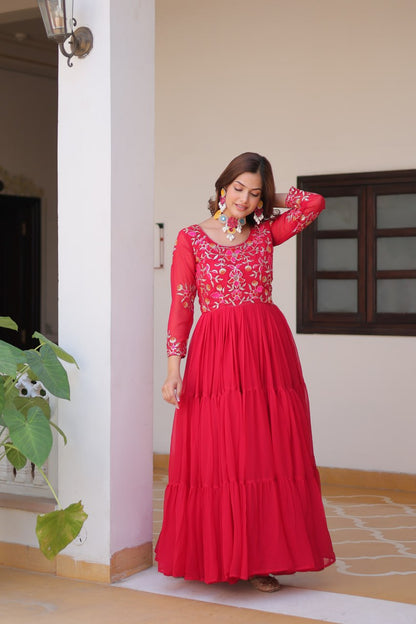 Fashionable Red Color Faux Georgette With Sequence Thread Work Gown