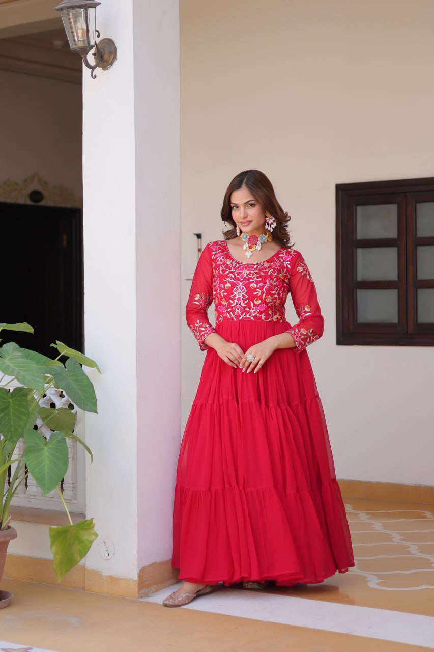 Fashionable Red Color Faux Georgette With Sequence Thread Work Gown