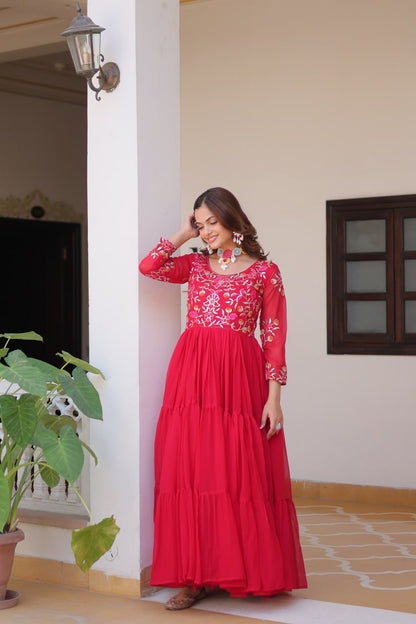 Fashionable Red Color Faux Georgette With Sequence Thread Work Gown