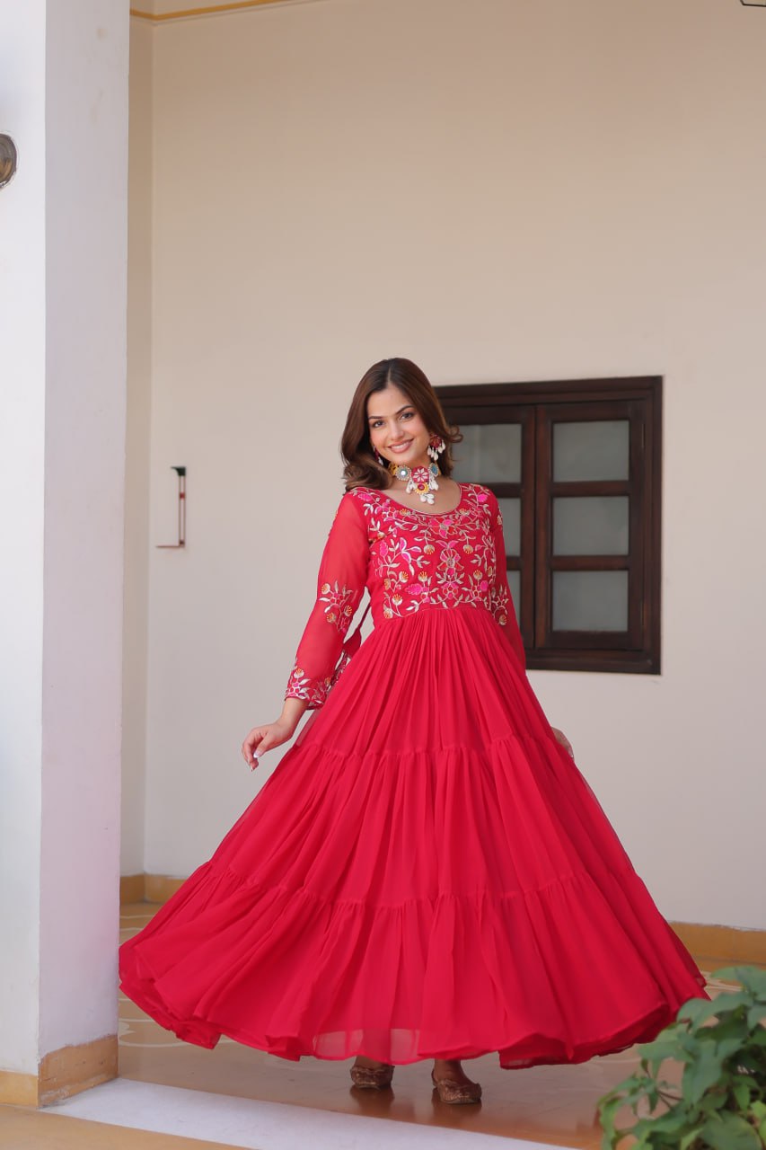 Fashionable Red Color Faux Georgette With Sequence Thread Work Gown